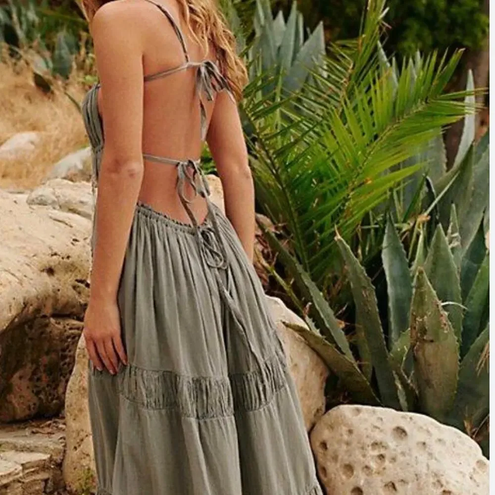 Free People Sage Green Halter Open Back Maxi Dress Boho Tiered Ruched